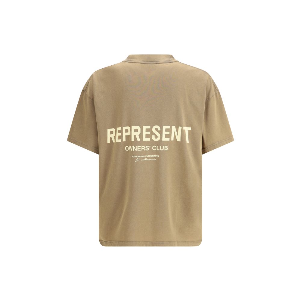 A brown cotton t-shirt with a logo on the back