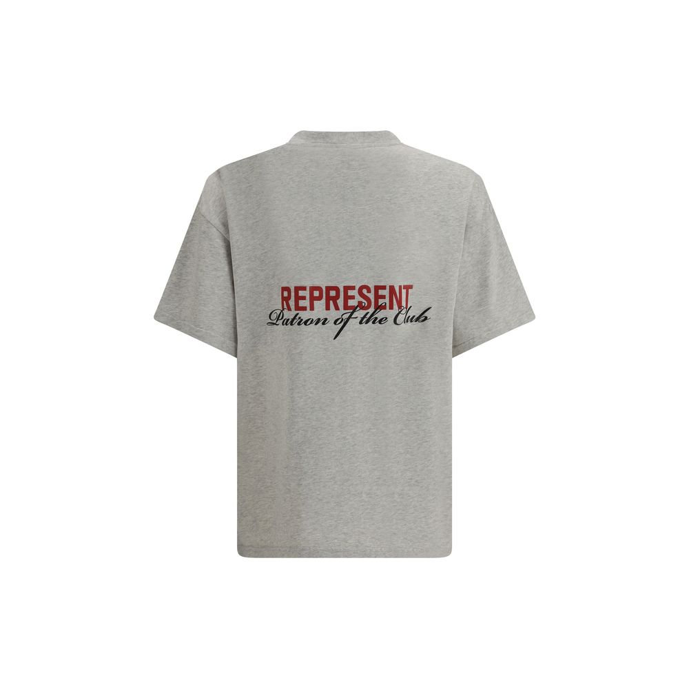 A gray cotton t-shirt with text on the back that reads "Represent Between the Lines