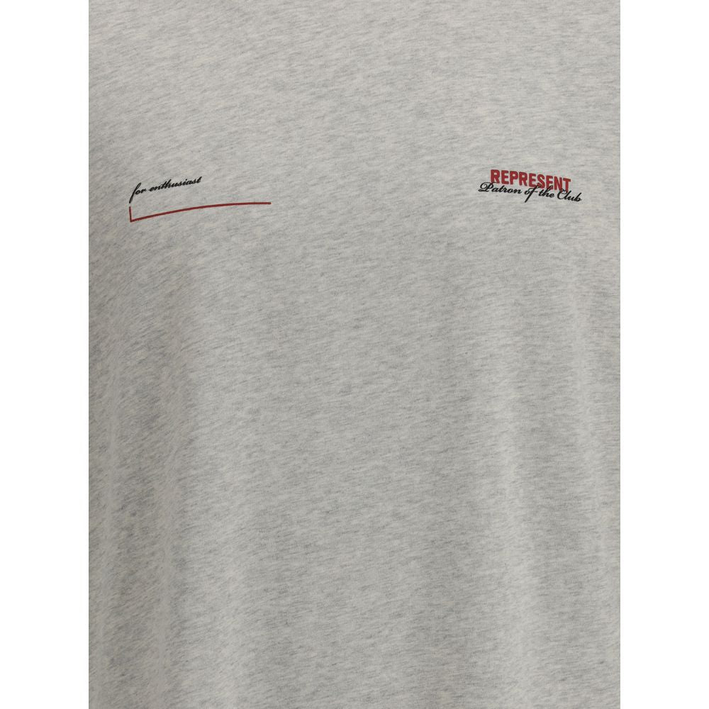 A gray cotton t-shirt with a red logo on the front