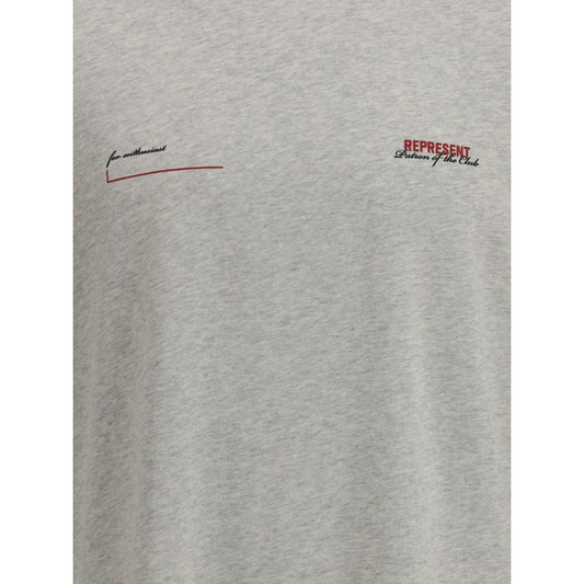 A gray cotton t-shirt with a red logo on the front