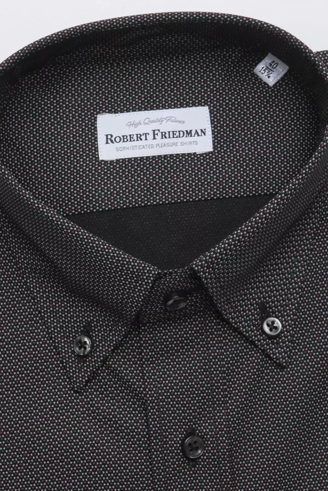 Black shirt with white label on collar