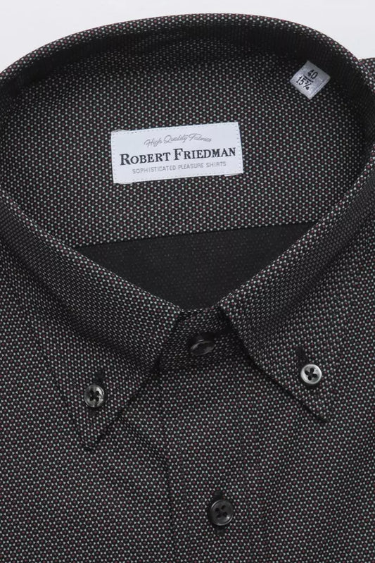 Black shirt with white label on collar