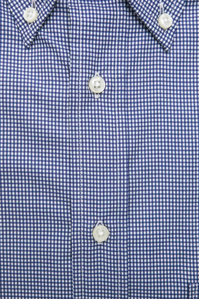 Blue plaid shirt with white buttons