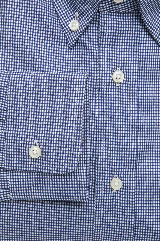 Blue plaid shirt with white buttons