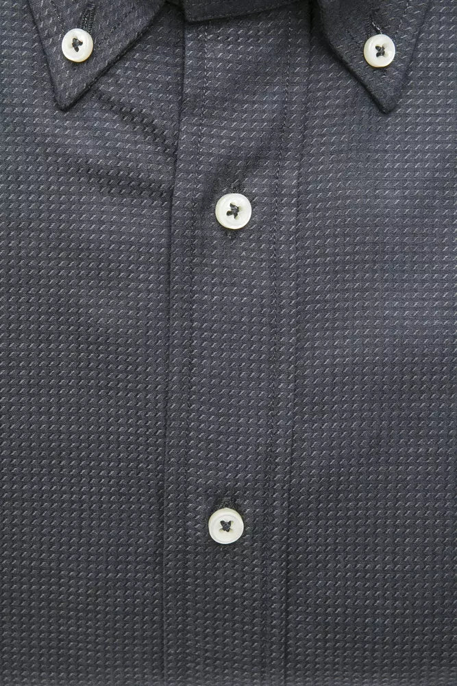 Navy blue button up shirt with two visible buttons