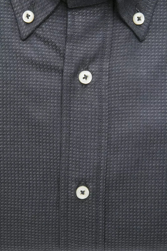 Navy blue button up shirt with two visible buttons