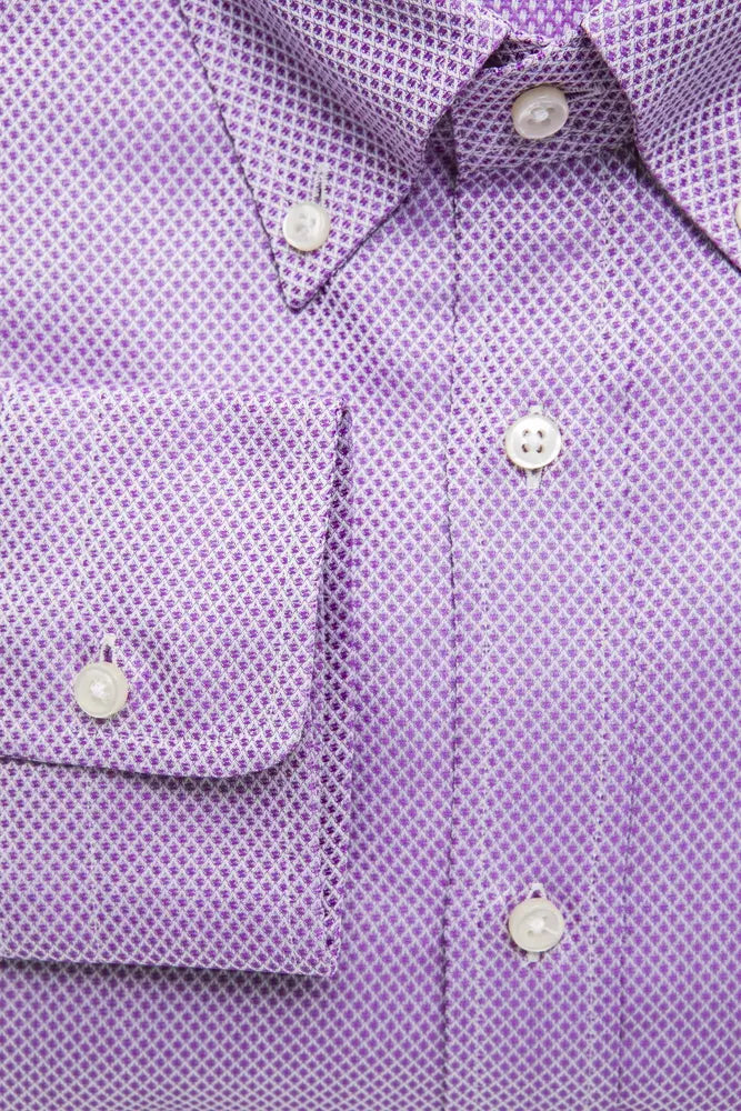 Purple button up shirt with white buttons