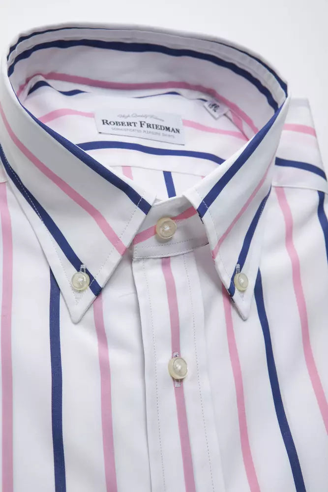 Pink and blue striped shirt on hanger
