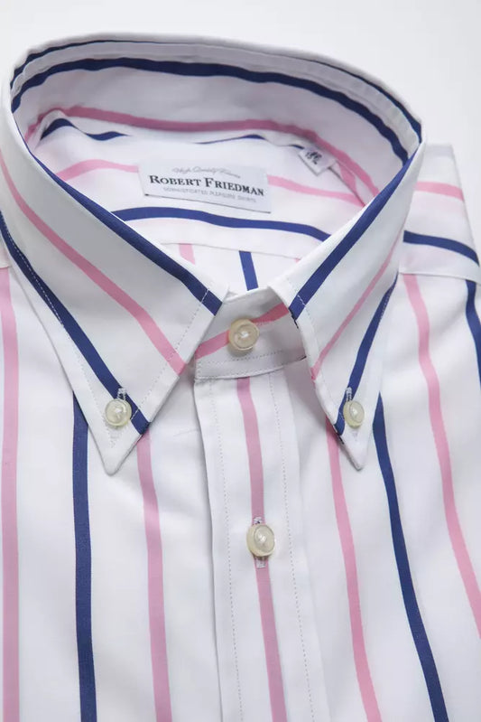 Pink and blue striped shirt on hanger