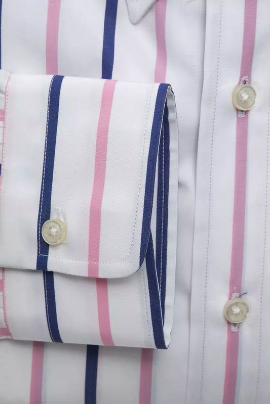 Pink and white striped shirt with blue buttons