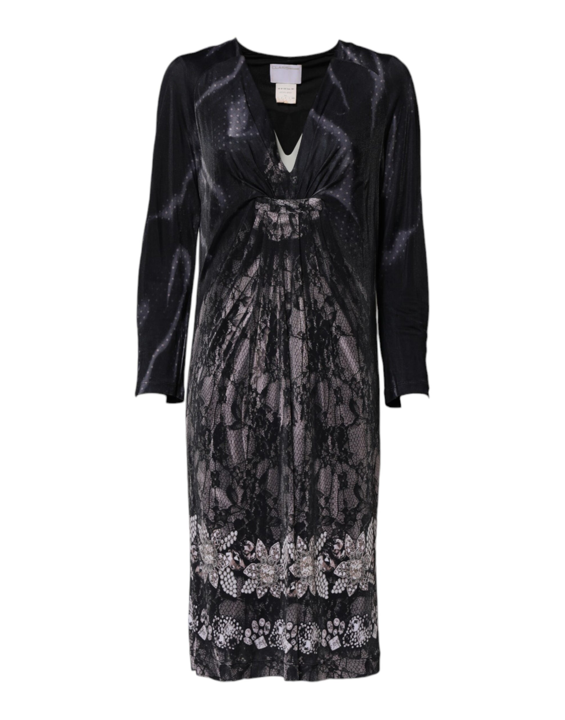 A black floral viscose midi dress with a V-neckline and belted waist