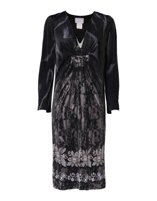 A black floral viscose midi dress with a V-neckline and belted waist
