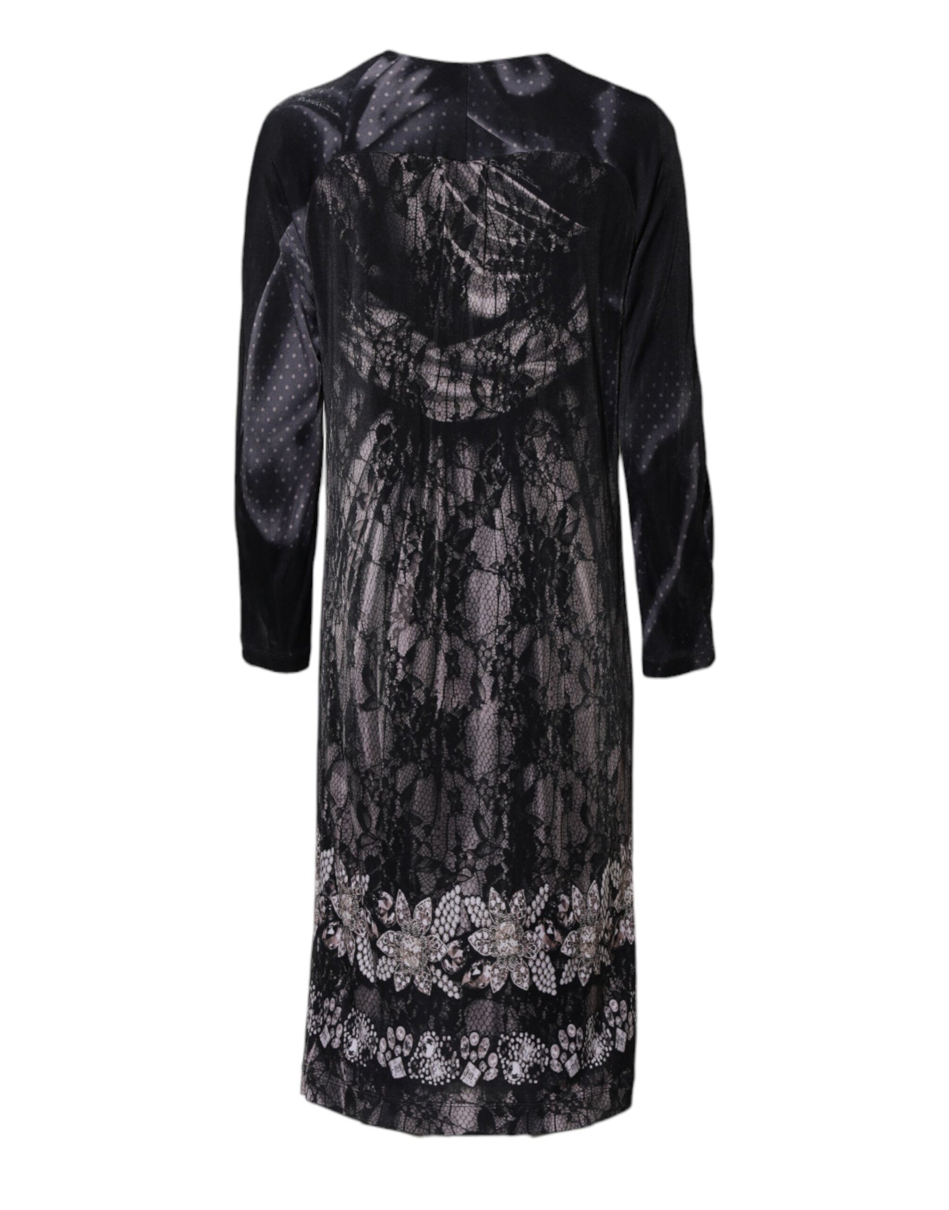 A black floral viscose sheath midi dress with lace detailing