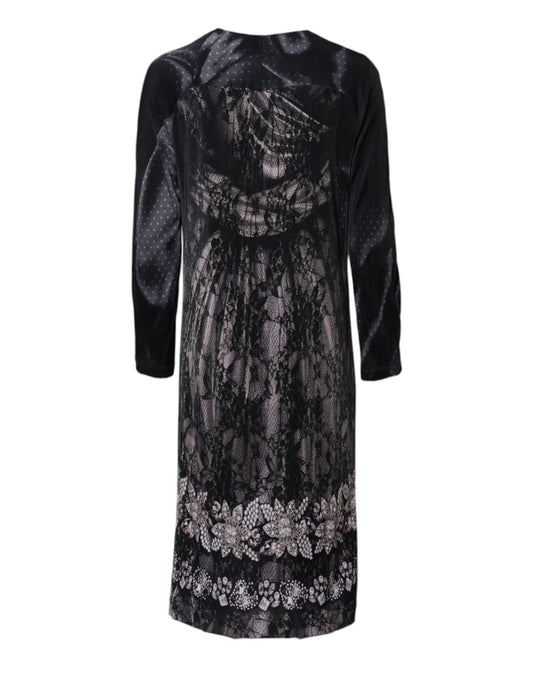 A black floral viscose sheath midi dress with lace detailing