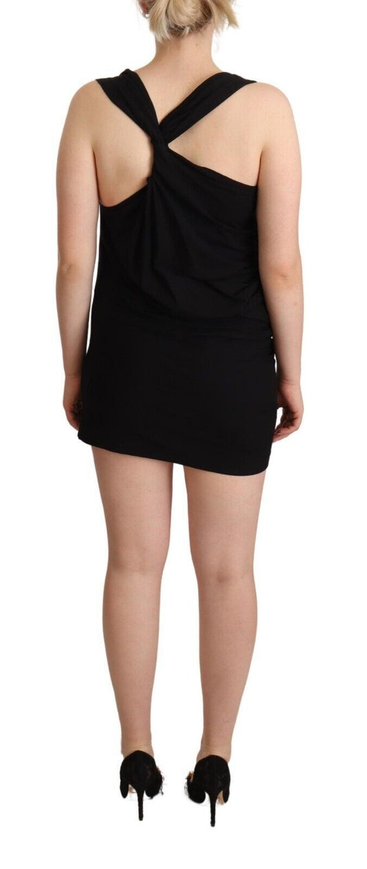 A black sleeveless sheath dress with a high neckline and short skirt