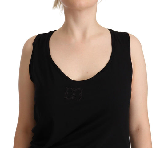 A black sleeveless cotton sheath mini dress with a scoop neckline and embroidered logo on the chest