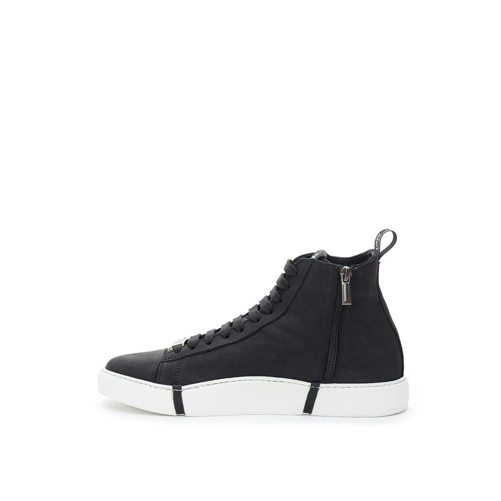 Black high top sneaker with white sole and laces
