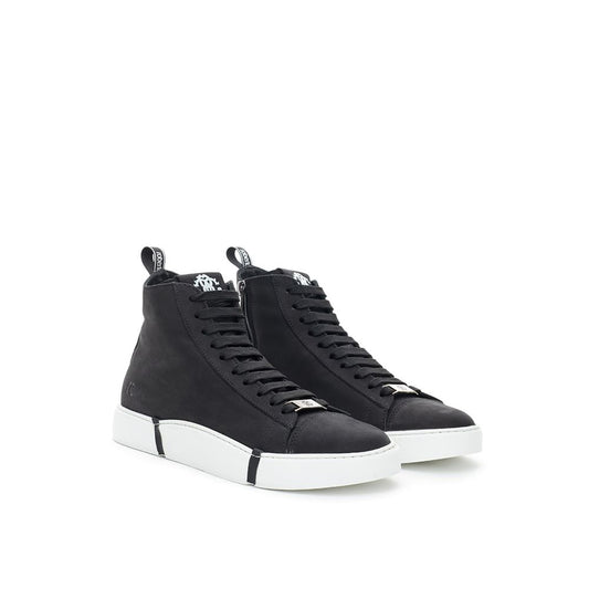Pair of black high top sneakers with white soles and laces