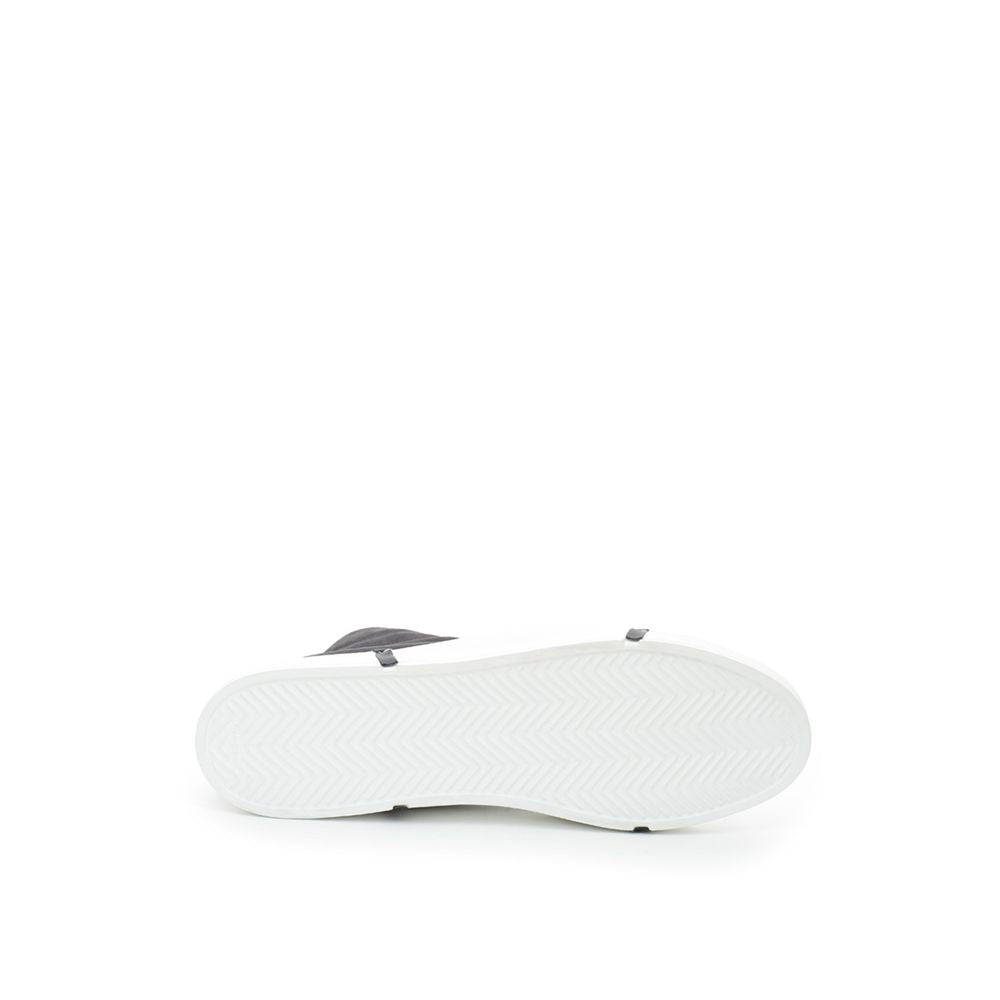 White shoe with blue logo on side