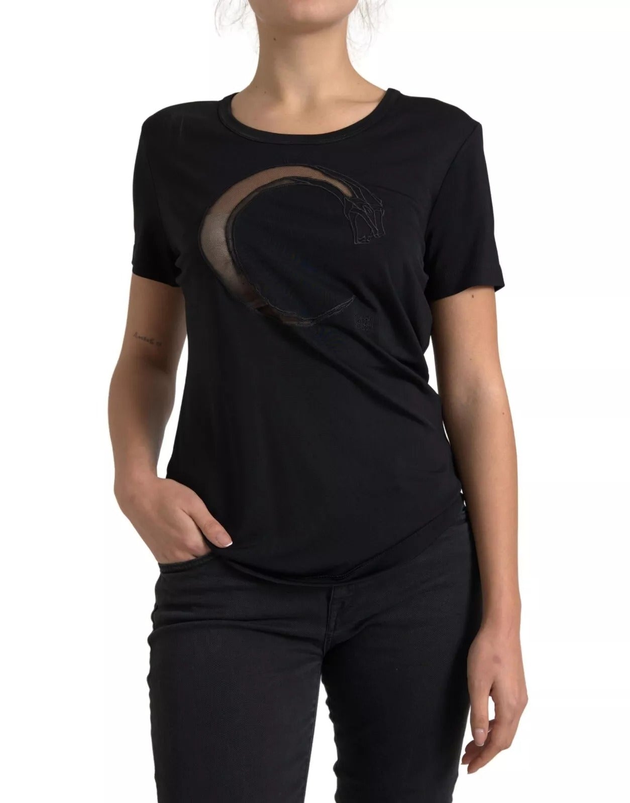 Black t-shirt with crescent moon graphic on front
