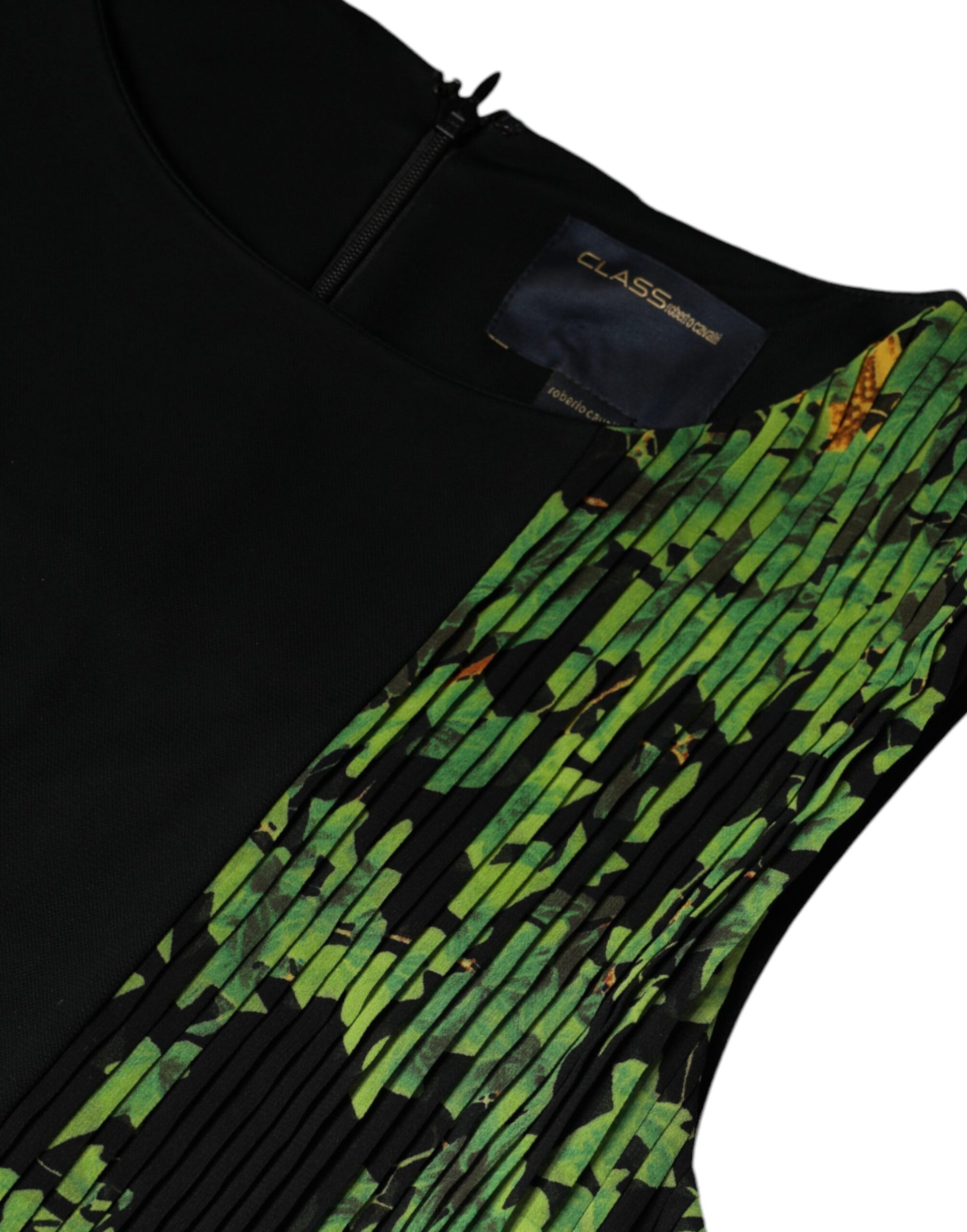 Black dress with multicolored floral pattern on front
