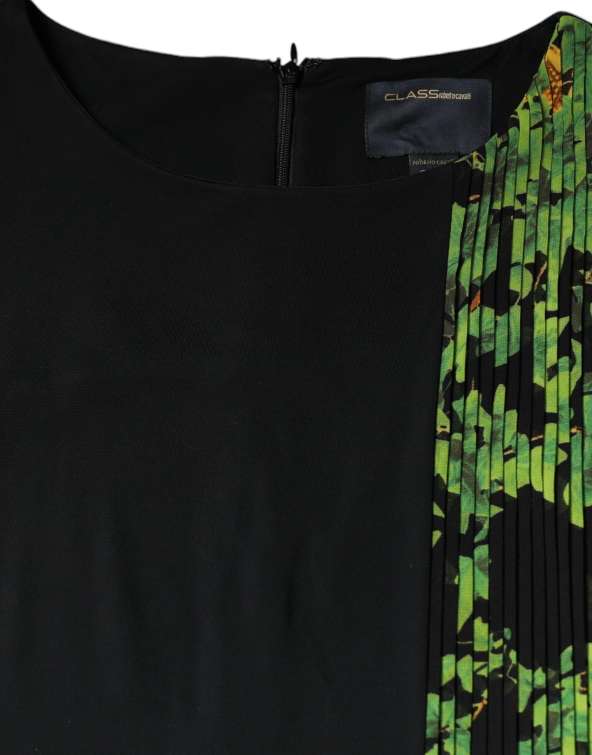 Black and green floral sheath dress with zipper detail