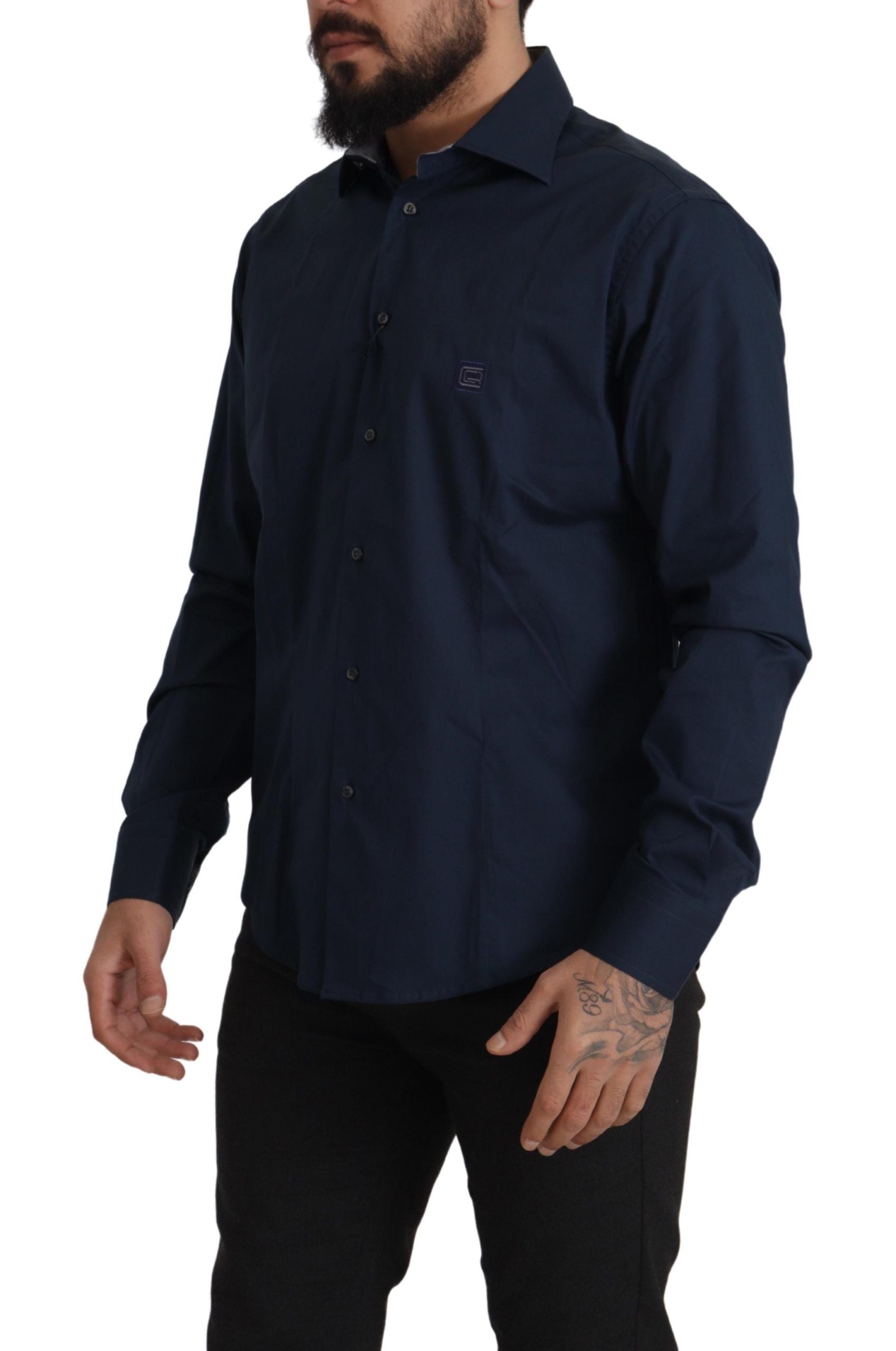 A navy blue dress shirt with a collar, long sleeves and buttons down the front