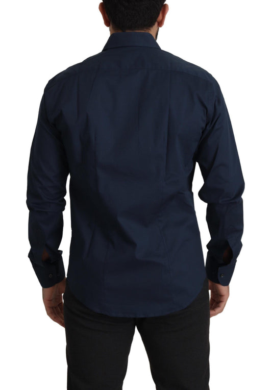 Dark blue men's dress shirt with collar, long sleeves and button-up front