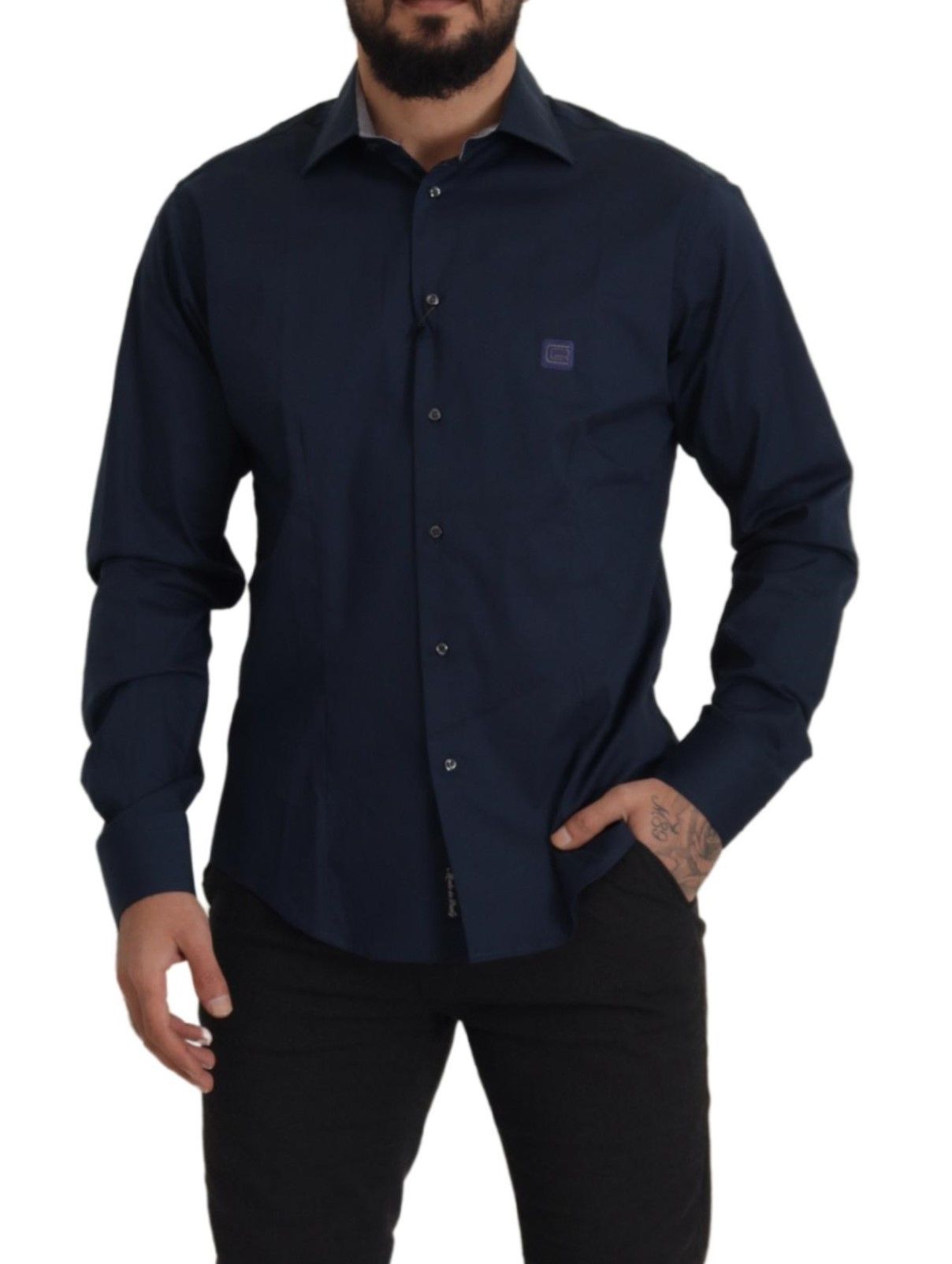 Dark blue men's dress shirt with button-down collar, long sleeves and two chest pockets