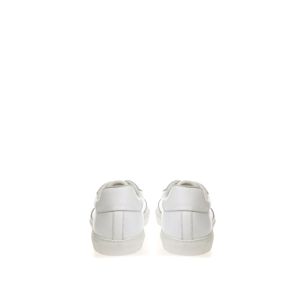 Pair of white sneakers with black laces and soles