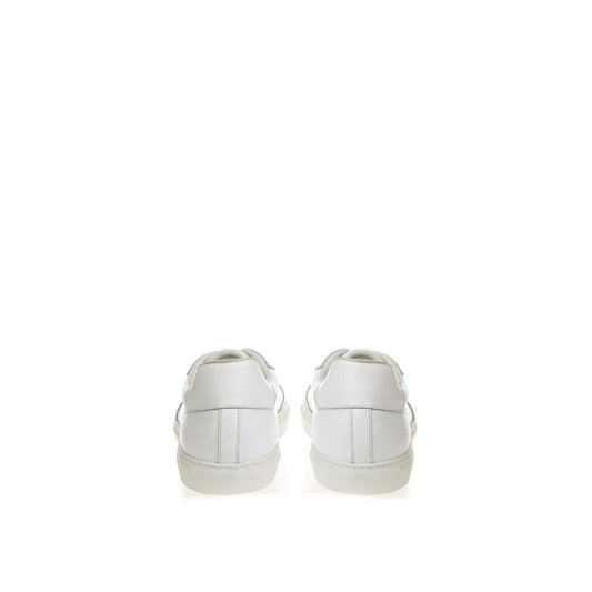 Pair of white sneakers with black laces and soles