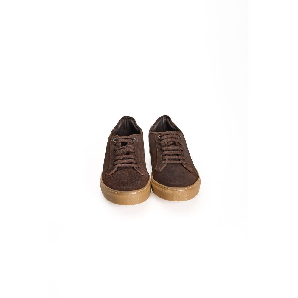 Pair of brown calfskin men's sneakers with gold accents and laces