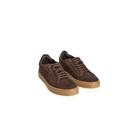 A pair of brown calfskin men's sneakers with laces and a rubber sole