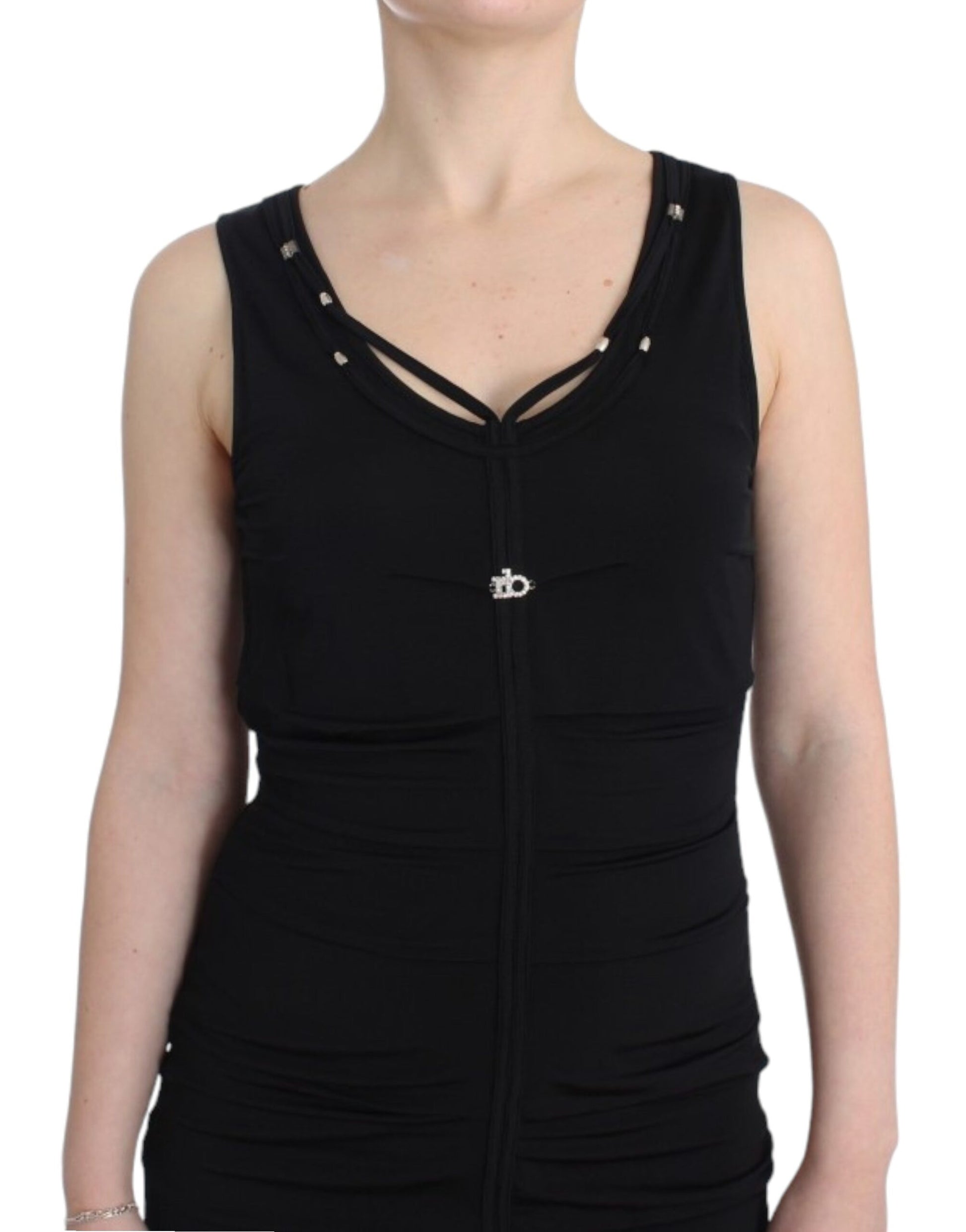 Black tank top with spaghetti straps and a zipper detail on the front