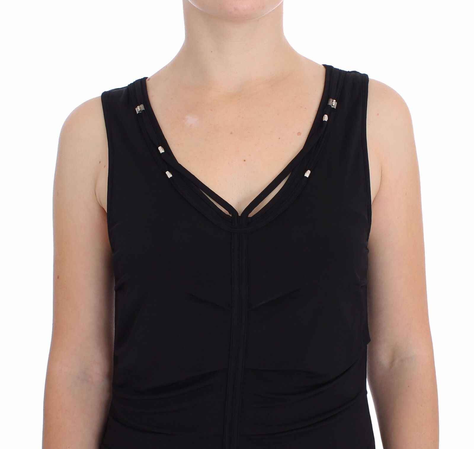 A black sleeveless dress with a V-neckline and ruched detailing