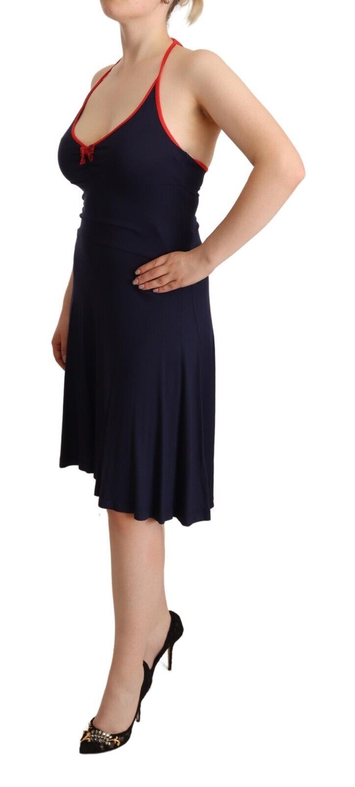 A navy blue sleeveless halter sheath midi dress with a fitted bodice and flared skirt