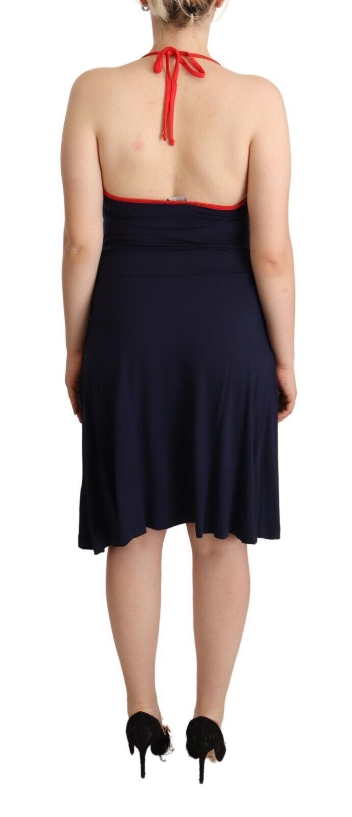 A navy blue sleeveless halter sheath midi dress with a red ribbon at the back