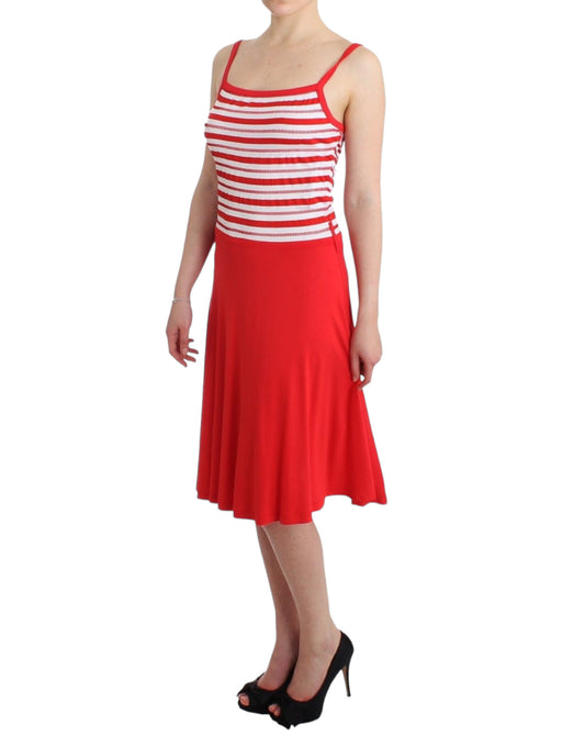 Red dress with white stripes on sleeves