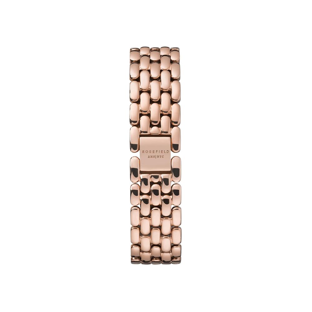 A rose gold bracelet with a multicolored stainless steel watch face