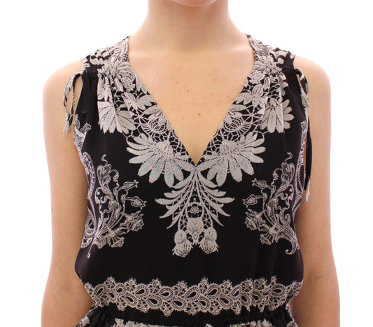 Black tank top with floral embroidery on shoulders