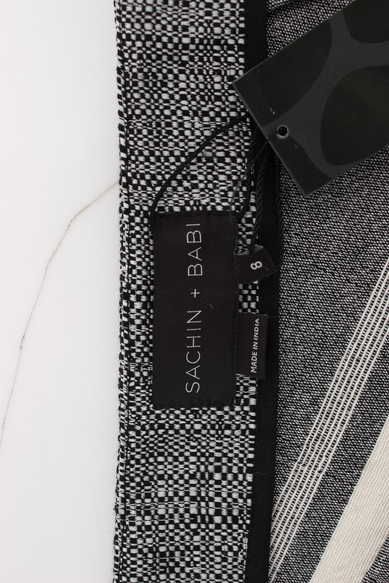 Black and white plaid fabric with label