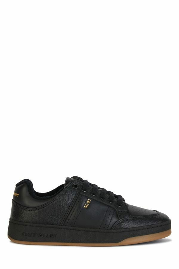Black leather sneaker with tan sole and laces