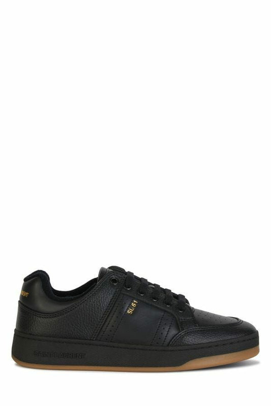 Black leather sneaker with tan sole and laces