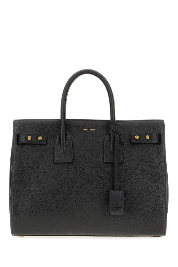 Black leather briefcase with gold accents