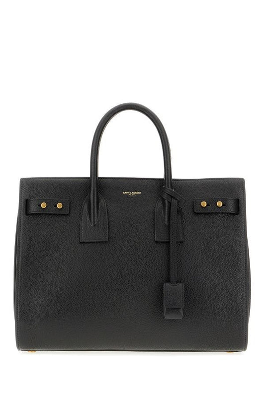 Black leather briefcase with gold accents