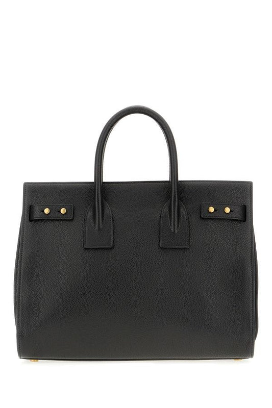 Black leather briefcase with gold accents