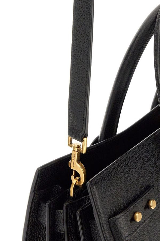 Black leather handbag with gold hardware