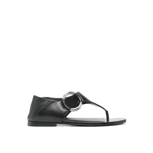 Black leather sandal with round toe and ankle strap