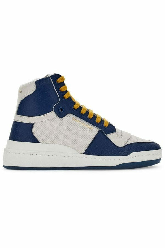 Blue and white high top sneaker with yellow laces