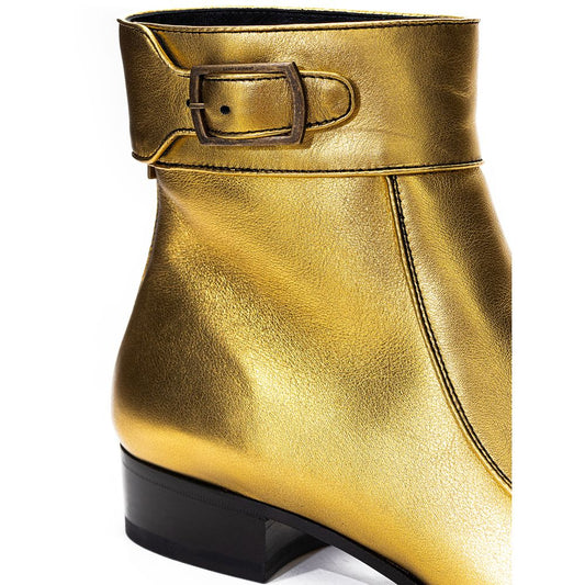 Gold glossy women's boot with buckle closure